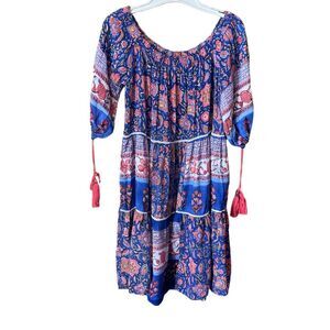WorldMarket size M floral boho tiered dress with tassel drawstrings at cuffs.